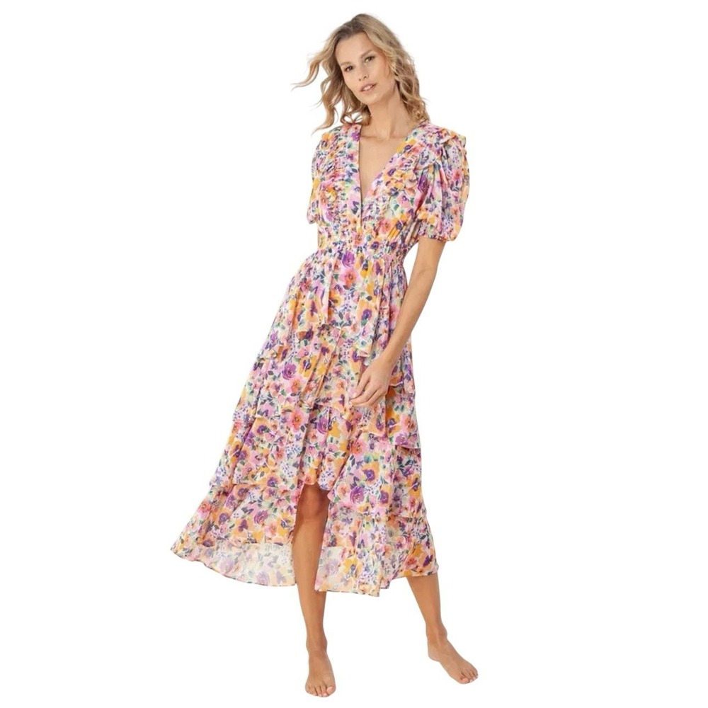 Hale Bob Amareli Floral Chiffon Tiered Maxi Dress Size M Puff Sleeve Ruffle Boho